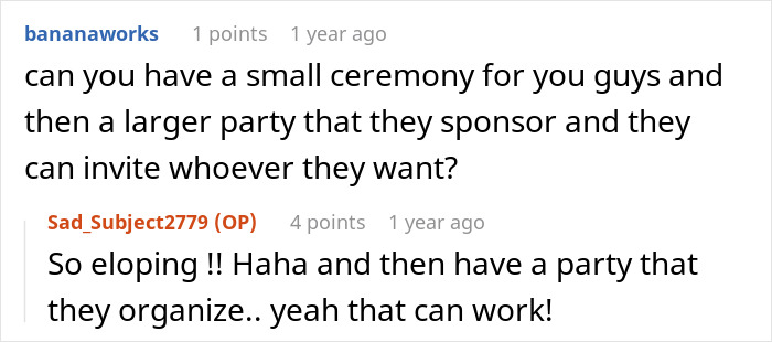 Chat discussing wedding ideas, suggesting elopement and family-organized party, related to dream wedding turned nightmare. Chat discussing wedding ideas, suggesting elopement and family-organized party, related to dream wedding turned nightmare.