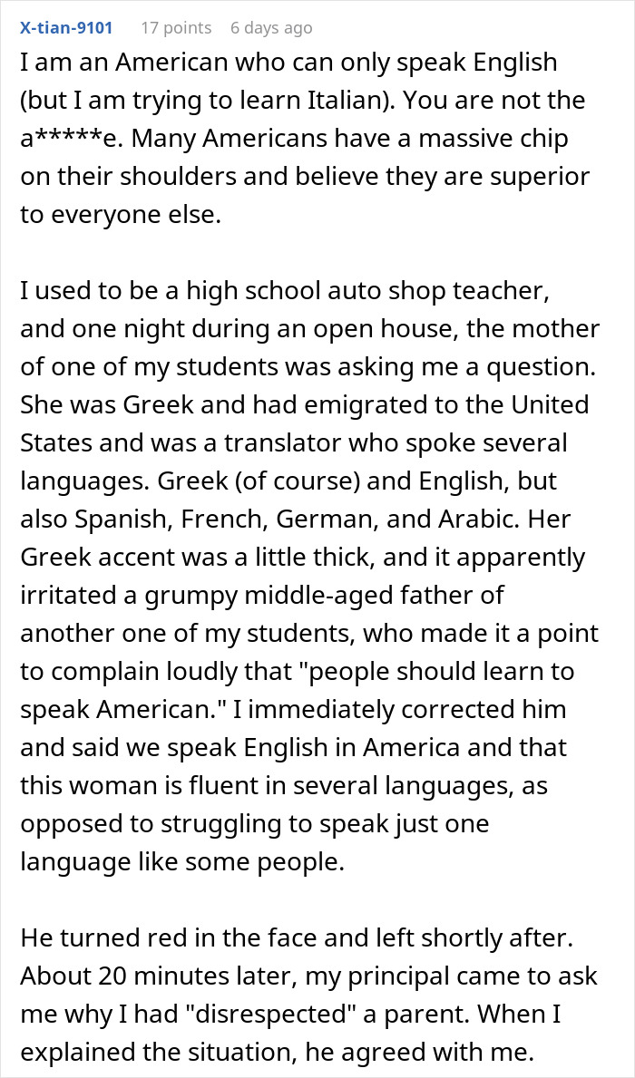 Reddit comment discussing an American mocking mispronunciation and being shamed by a teacher defending multilingualism. Reddit comment discussing an American mocking mispronunciation and being shamed by a teacher defending multilingualism.