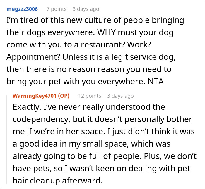 Reddit comment discussing frustrations about people bringing dogs to public places, focusing on pet dependence. Reddit comment discussing frustrations about people bringing dogs to public places, focusing on pet dependence.