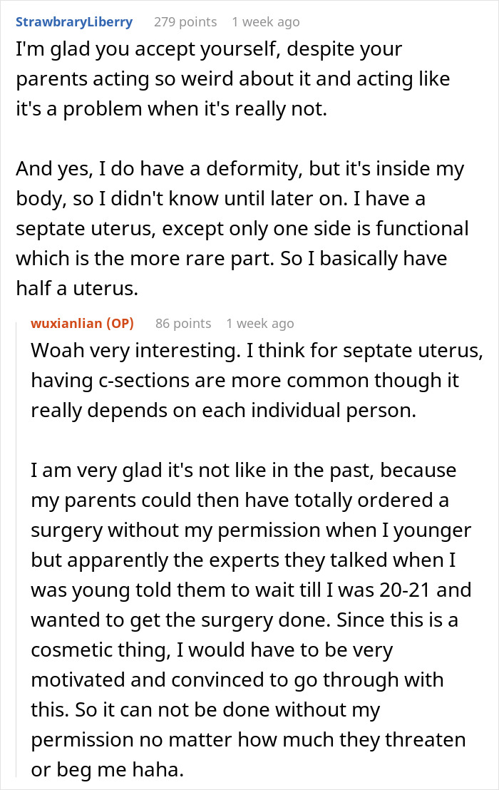 Reddit conversation on healing a rare birth defect, featuring personal stories and insights on septate uterus experiences. Reddit conversation on healing a rare birth defect, featuring personal stories and insights on septate uterus experiences.