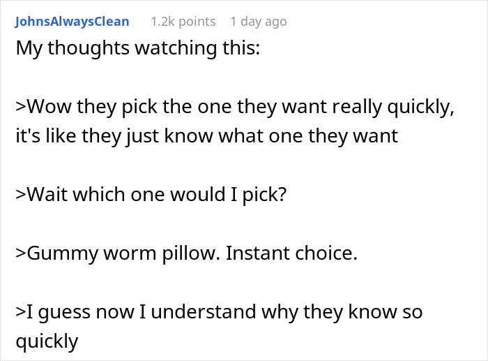 Text conversation about dogs picking gifts quickly, mentioning a gummy worm pillow as a choice. Text conversation about dogs picking gifts quickly, mentioning a gummy worm pillow as a choice.