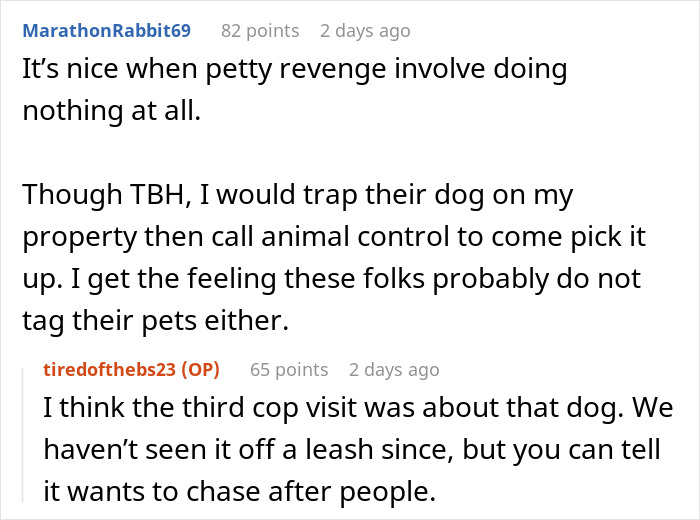 Reddit comments discussing neighbor's tree cutting and petty revenge involving a dog and animal control. Reddit comments discussing neighbor's tree cutting and petty revenge involving a dog and animal control.
