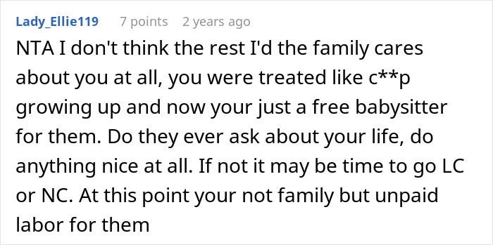 Comment discussing issues with family and babysitting responsibilities. Comment discussing issues with family and babysitting responsibilities.