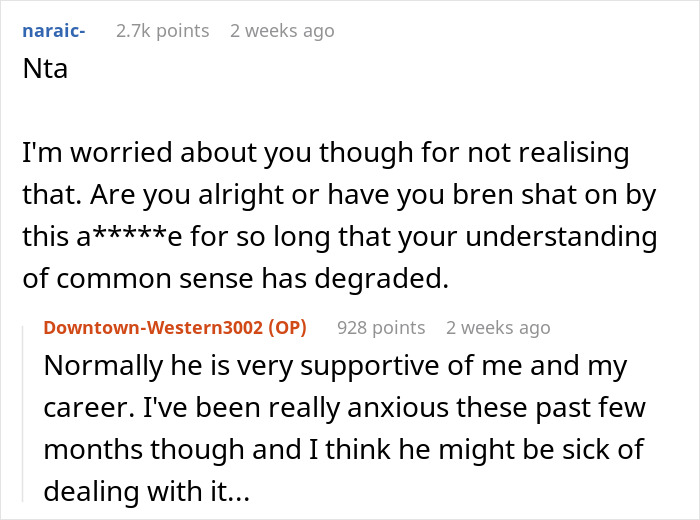 Two users discussing a woman's frustration with her husband's interruption during a critical job test. Two users discussing a woman's frustration with her husband's interruption during a critical job test.