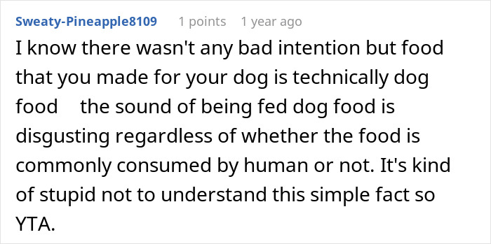 Reddit comment expressing disapproval of someone feeding human food to a dog, labeled as "dog food," calling them "YTA. Reddit comment expressing disapproval of someone feeding human food to a dog, labeled as "dog food," calling them "YTA.