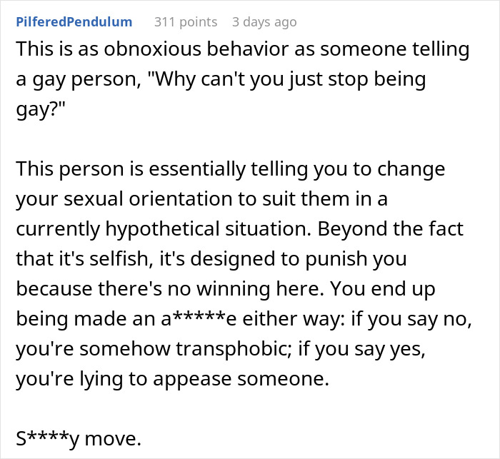 Text discussing challenges of refusing a trans dating request, highlighting potential accusations of transphobia. Text discussing challenges of refusing a trans dating request, highlighting potential accusations of transphobia.