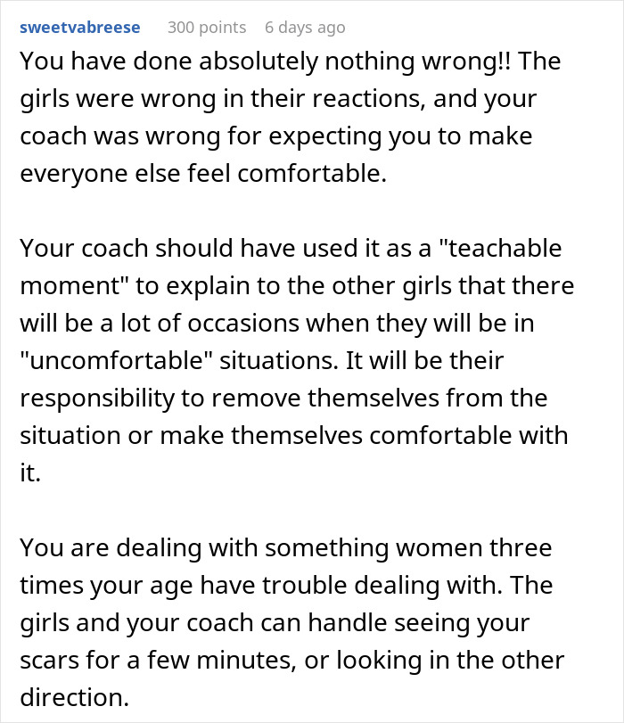 Screenshot of a supportive comment addressing a teen's discomfort with a coach's request to change in private. Screenshot of a supportive comment addressing a teen's discomfort with a coach's request to change in private.