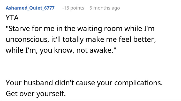 Comment discussing husband's actions during wife's surgery, highlighting why he's defensive. Comment discussing husband's actions during wife's surgery, highlighting why he's defensive.