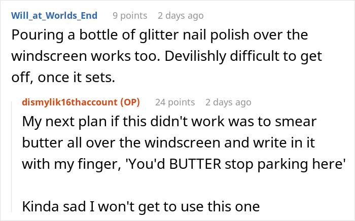 Reddit comment about using glitter nail polish to deter illegal parking. Reddit comment about using glitter nail polish to deter illegal parking.