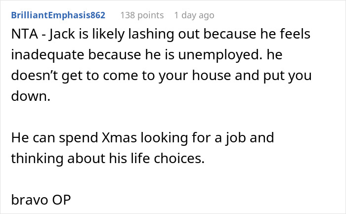 Online comment discussing a sibling refusing their sister's boyfriend for Christmas dinner. Online comment discussing a sibling refusing their sister's boyfriend for Christmas dinner.