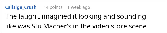 A Reddit comment comparing a laugh to Stu Macher's in a video store scene. A Reddit comment comparing a laugh to Stu Macher's in a video store scene.