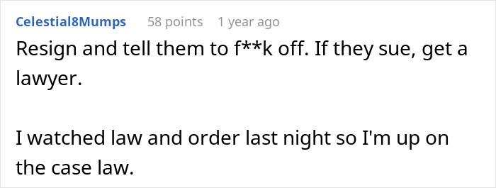 Reddit comment about employer demands overpayment, suggesting resignation and getting a lawyer. Reddit comment about employer demands overpayment, suggesting resignation and getting a lawyer.