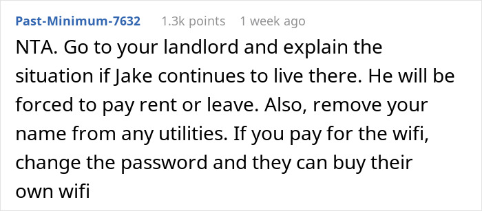 Reddit comment advising not to let roommate's boyfriend move in without paying rent and to manage shared utilities. Reddit comment advising not to let roommate's boyfriend move in without paying rent and to manage shared utilities.