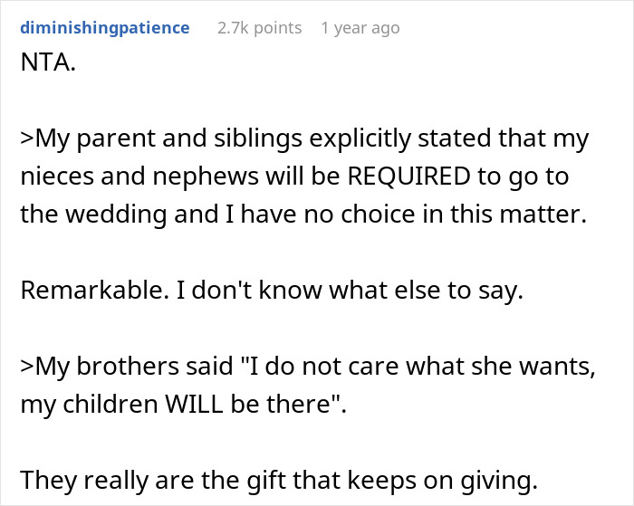 Text exchange about family refusing to leave kids at home for a couple's wedding, causing conflict. Text exchange about family refusing to leave kids at home for a couple's wedding, causing conflict.