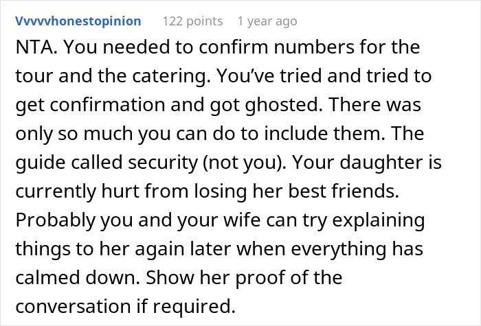 Text discussing a situation where family was not included in a costly birthday party due to lack of RSVP. Text discussing a situation where family was not included in a costly birthday party due to lack of RSVP.