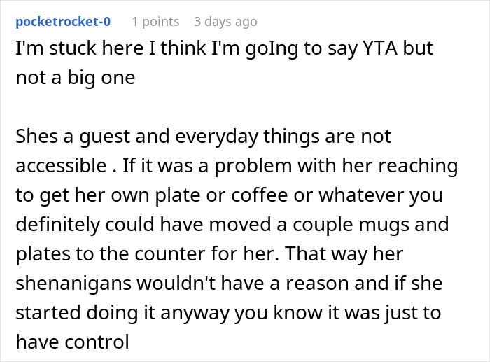 Reddit comment discussing conflict and guest accessibility issues in a household. Reddit comment discussing conflict and guest accessibility issues in a household.