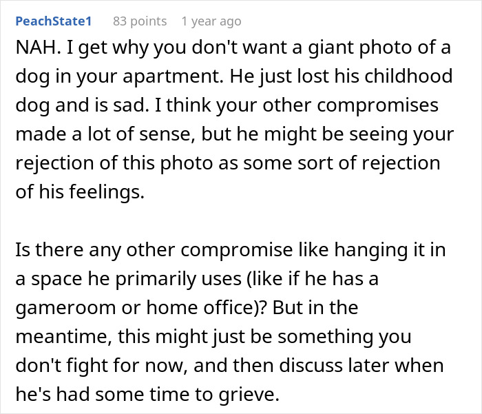 Reddit comment discussing compromise on displaying large dog photo in shared apartment. Reddit comment discussing compromise on displaying large dog photo in shared apartment.