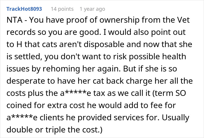 Reddit comment discussing ownership and costs related to rehoming a cat. Reddit comment discussing ownership and costs related to rehoming a cat.