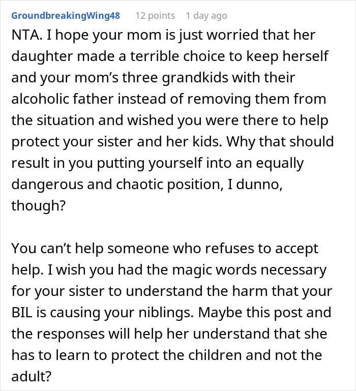 Reddit comment discussing concerns about a mother refusing to remove kids from an alcoholic father. Reddit comment discussing concerns about a mother refusing to remove kids from an alcoholic father.