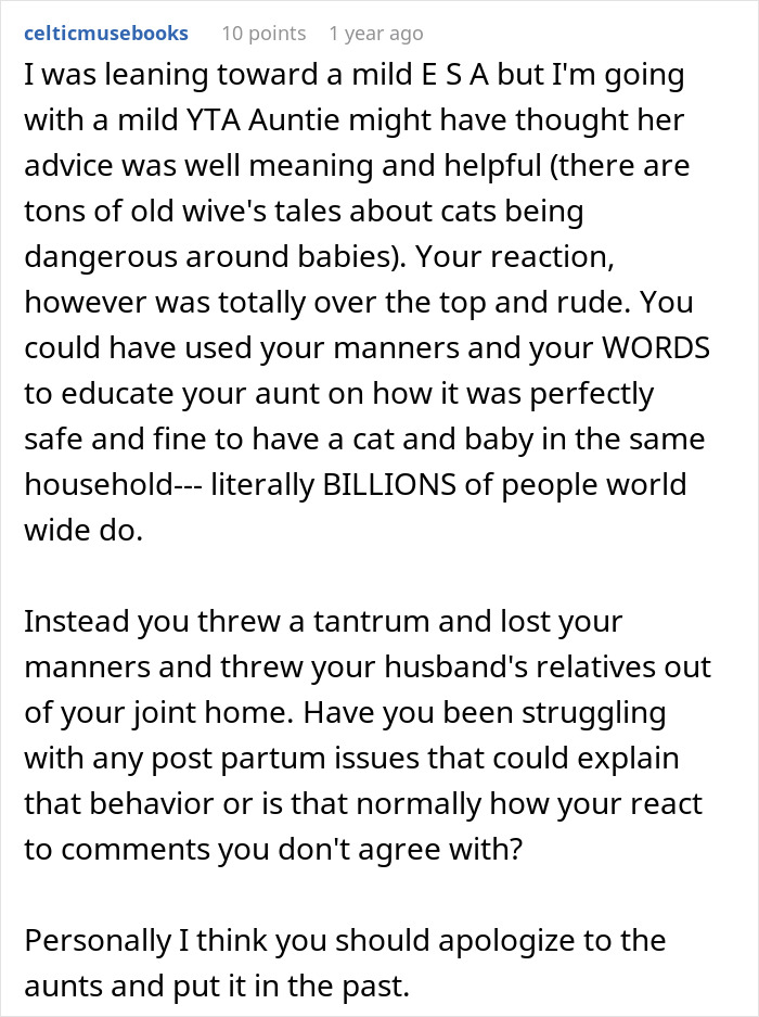 Reddit comment discussing a new mom’s reaction to aunt-in-law’s advice about focusing on baby over cat. Reddit comment discussing a new mom’s reaction to aunt-in-law’s advice about focusing on baby over cat.