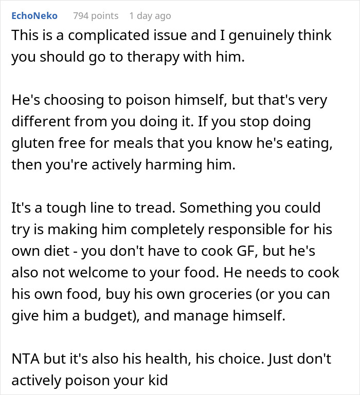 Reddit comment discussing a son's wheat allergy and dietary choices. Reddit comment discussing a son's wheat allergy and dietary choices.