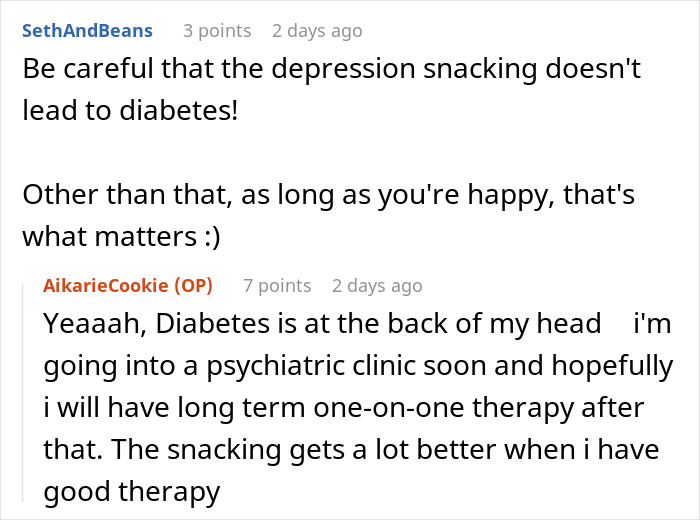 Reddit conversation about depression snacking and therapy, mentioning diabetes and psychiatric care. Reddit conversation about depression snacking and therapy, mentioning diabetes and psychiatric care.