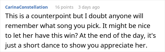Text screenshot about a wedding song decision and showing appreciation. Text screenshot about a wedding song decision and showing appreciation.