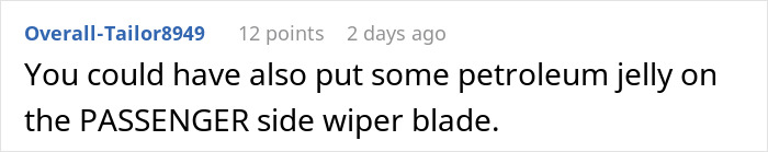 Comment with advice on handling illegal parking, suggesting petroleum jelly on a wiper blade. Comment with advice on handling illegal parking, suggesting petroleum jelly on a wiper blade.