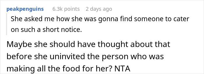 Text response about a woman uninvited from a baby shower discussing food catering issues. Text response about a woman uninvited from a baby shower discussing food catering issues.