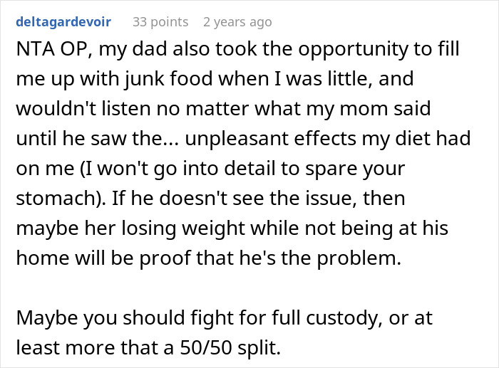Reddit comment discussing junk food and custody issues between parents. Reddit comment discussing junk food and custody issues between parents.