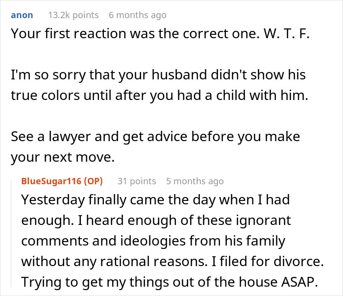 Reddit comments discussing a husband's inability to connect with his child due to ethnic features. Reddit comments discussing a husband's inability to connect with his child due to ethnic features.