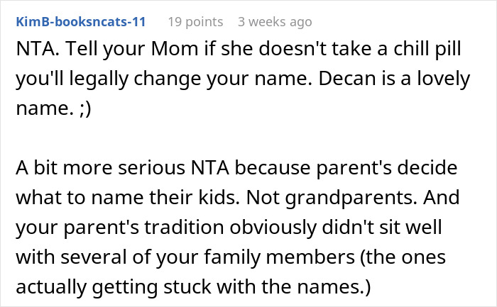 Text from a forum discussing breaking family tradition in naming a baby. Text from a forum discussing breaking family tradition in naming a baby.