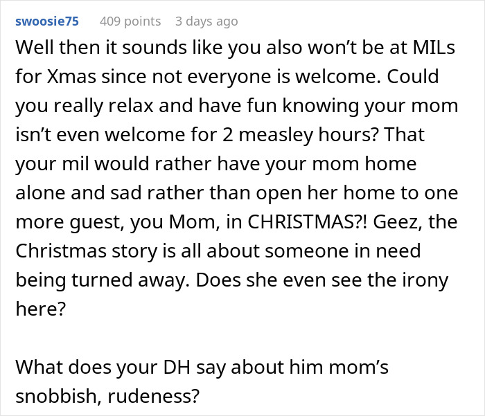 Reddit comment discussing MIL's refusal of Christmas request, highlighting irony and snobbish behavior. Reddit comment discussing MIL's refusal of Christmas request, highlighting irony and snobbish behavior.
