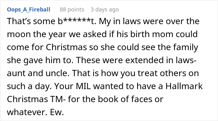 Comment about MIL rejecting a woman's mom's Christmas request, discussing family dynamics. Comment about MIL rejecting a woman's mom's Christmas request, discussing family dynamics.
