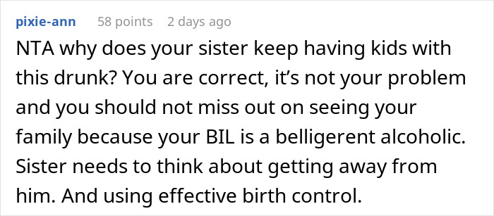 Reddit comment criticizing sister's decision to stay with an alcoholic husband. Reddit comment criticizing sister's decision to stay with an alcoholic husband.