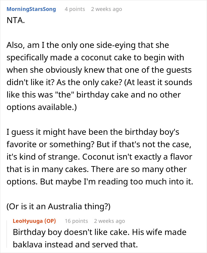 Text discussion about a birthday party focusing on a coconut cake choice, with mention of the birthday boy preferring baklava. Text discussion about a birthday party focusing on a coconut cake choice, with mention of the birthday boy preferring baklava.