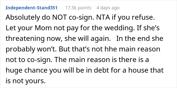 Reddit comment advising against co-signing a loan, stating financial protection is crucial over family obligations. Reddit comment advising against co-signing a loan, stating financial protection is crucial over family obligations.
