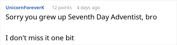 Reddit comment discussing Seventh Day Adventist upbringing, related to wedding date and bride situation. Reddit comment discussing Seventh Day Adventist upbringing, related to wedding date and bride situation.