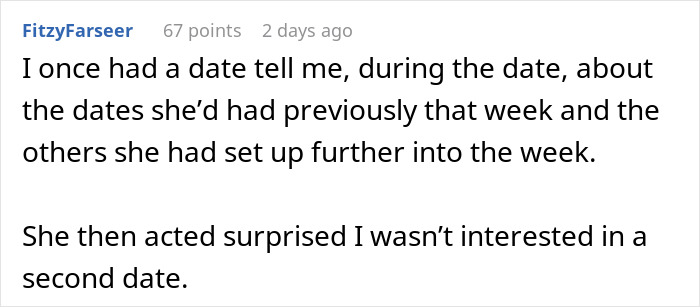 Text about a date where a girl mentions other dates during the week, causing the guy's lack of interest in a second date. Text about a date where a girl mentions other dates during the week, causing the guy's lack of interest in a second date.