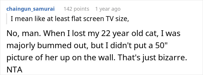 Text comment discussing the idea of hanging a large flat screen TV-sized dog photo in an apartment. Text comment discussing the idea of hanging a large flat screen TV-sized dog photo in an apartment.