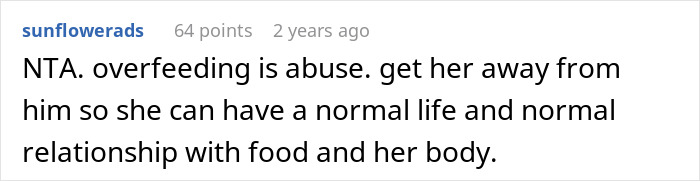 Reddit comment addressing ex-husband's overfeeding of daughter, described as abuse. Reddit comment addressing ex-husband's overfeeding of daughter, described as abuse.