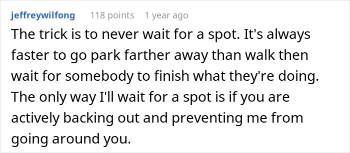 Comment about parking strategy, emphasizing patience over waiting in Costco showdown scenario. Comment about parking strategy, emphasizing patience over waiting in Costco showdown scenario.