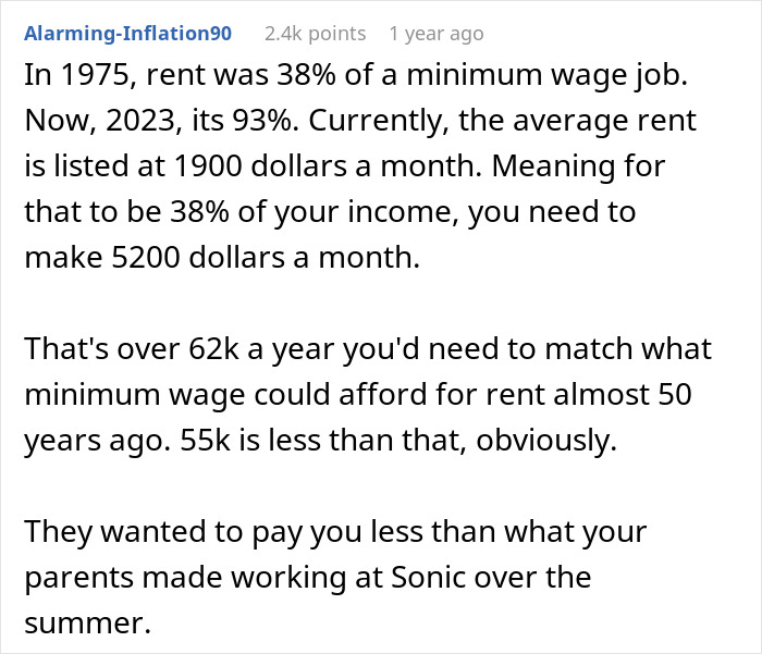 Text discusses job expectations and salary compared to inflation and rent costs over time. Text discusses job expectations and salary compared to inflation and rent costs over time.