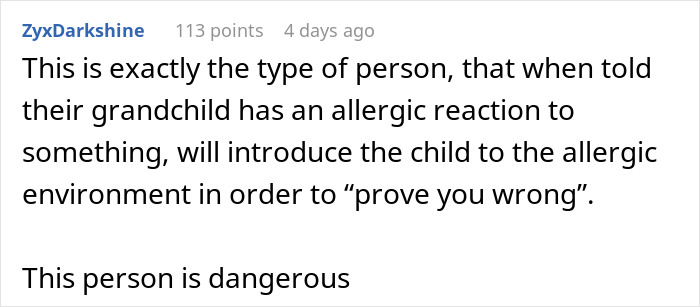 Comment discussing concerns over a child's allergic reaction related to a grandmother. Comment discussing concerns over a child's allergic reaction related to a grandmother.