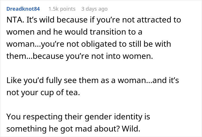 Screenshot of a discussion post about refusing a dating relationship due to partner's gender transition. Screenshot of a discussion post about refusing a dating relationship due to partner's gender transition.