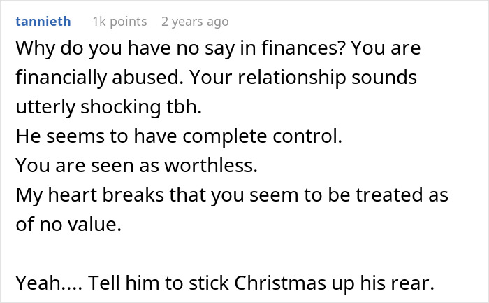 Reddit comment discussing financial control in a relationship. Reddit comment discussing financial control in a relationship.