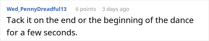 Comment discussing song placement at a wedding, part of a discussion on rejecting a sentimental Christmas song. Comment discussing song placement at a wedding, part of a discussion on rejecting a sentimental Christmas song.