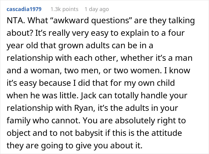 Reddit comment discussing refusing to babysit due to sister's demands about bringing a boyfriend to family events. Reddit comment discussing refusing to babysit due to sister's demands about bringing a boyfriend to family events.