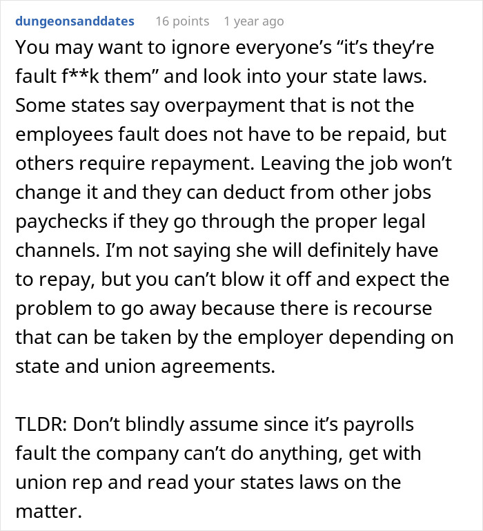 Text discussing employer demands for 16-months pay overpayment, mentioning state laws and repayment obligations. Text discussing employer demands for 16-months pay overpayment, mentioning state laws and repayment obligations.