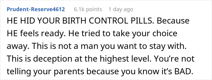 Text about deception and boyfriend hiding birth control pills. Text about deception and boyfriend hiding birth control pills.